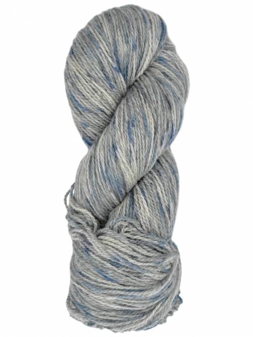 Skein of white, grey, and blue toned merino yarn