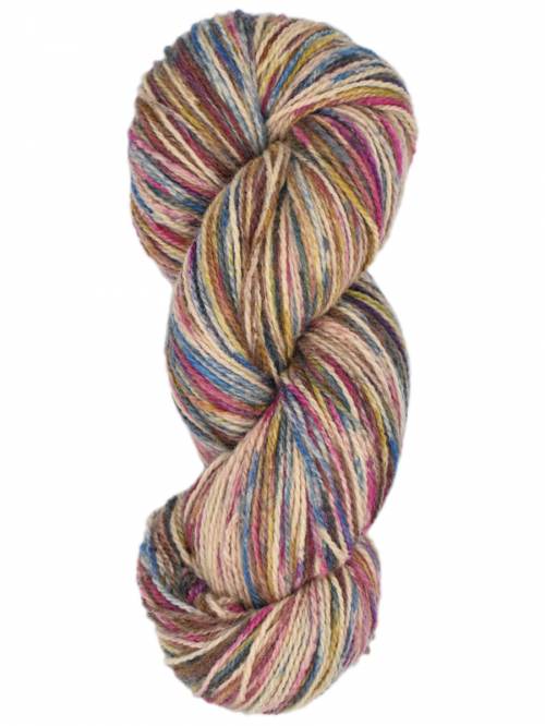 A single skein of variegated yarn with blended pastel and earthy tones including pink, blue, beige, brown, and yellow, isolated on a white background.