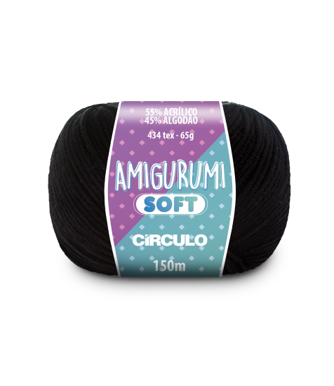A ball of black acrylic and cotton blend yarn labeled 'Amigurumi (Soft)' by Circulo.