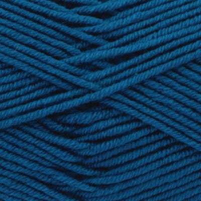 A close-up of dark teal blue yarn strands twisted into a skein, filling the entire frame.