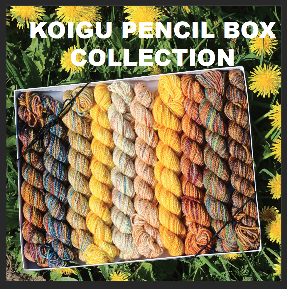 A Book with a photo of collection of colorful yarn skeins arranged in a box, with the text 'KOIGU PENCIL BOX COLLECTION' displayed at the top.