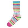 A knitted cotton and nylon sock with pink, green, blue, and white stripes from Estelle yarns