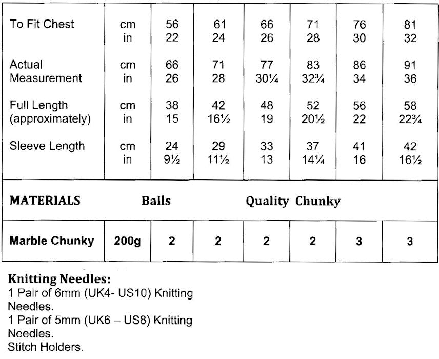 James C. Brett Marble Chunky Leaflet JB499 - Sizes and Measurements