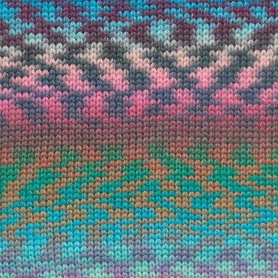 A knitted swatch of merino and nylon wool with a pattern of pink, blue, peach, and green colours