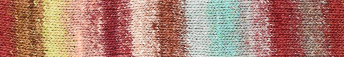 Knitted fabric swatch with a gradient of teal, yellow, brown, red colors.