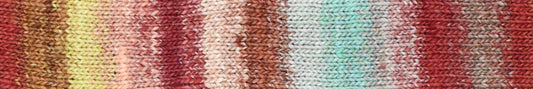 Knitted fabric swatch with a gradient of teal, yellow, brown, red colors.