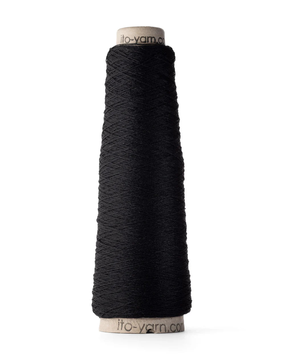 A spool of black merino wool fingering weight yarn.