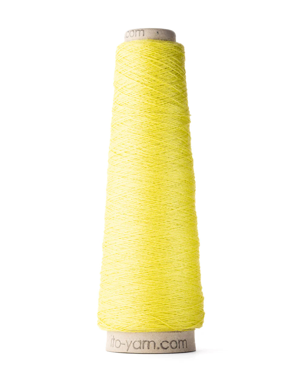 A spool of lemon yellow merino wool fingering weight yarn.