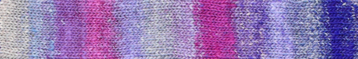 Knitted fabric swatch with a gradient of purple and pink colours.