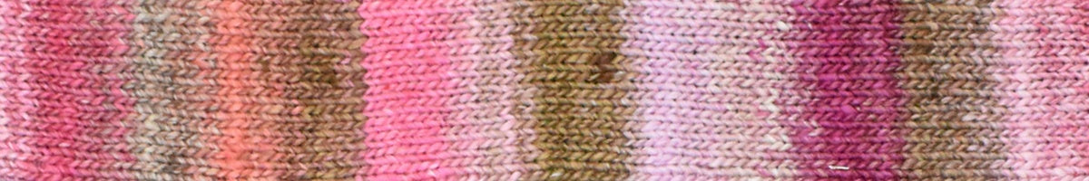 Knitted swatch of pink and brown striped yarn from Noro Yarns
