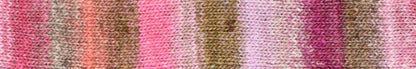 Knitted swatch of pink and brown striped yarn from Noro Yarns