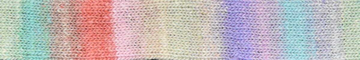 Multicolored knitted swatch with a gradient of pink, purple, and blue.