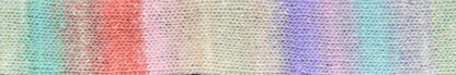 Multicolored knitted swatch with a gradient of pink, purple, and blue.