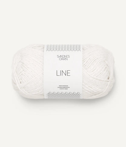 A ball of white coloured cotton/linen/viscose yarn labeled 'Line' by Sandnesgarn