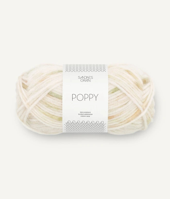 A ball of green and white tonal alpaca, cotton, wool yarn labeled 'Poppy' by Sandnesgarn