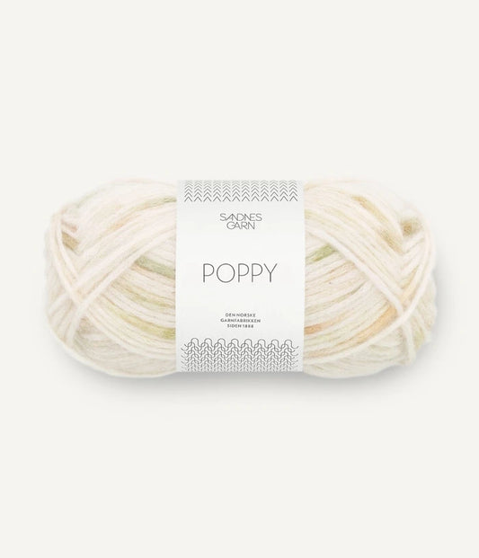 A ball of green and white tonal alpaca, cotton, wool yarn labeled 'Poppy' by Sandnesgarn