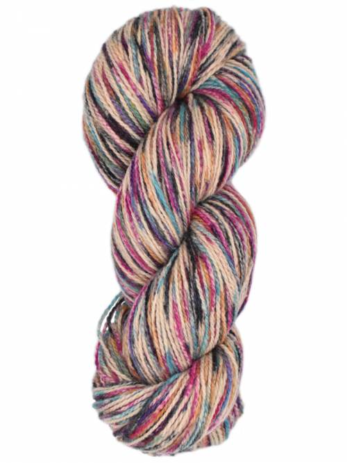 A single twisted skein of variegated yarn with blended pastel and bright colors including pink, blue, purple, beige, and black, isolated on a white background.