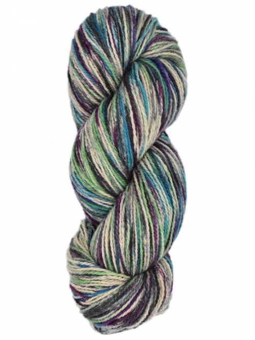 A single twisted skein of variegated yarn with blended colors of teal, green, purple, beige, and gray, isolated on a white background.
