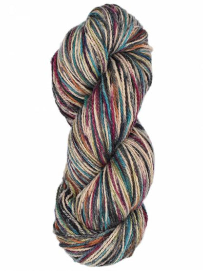 A single twisted skein of variegated yarn with mixed colors including beige, blue, purple, red, and brown, isolated on a white background.