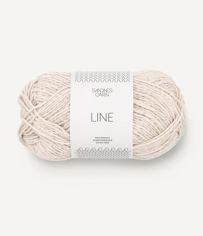 A ball of beige coloured cotton/linen/viscose yarn labeled 'Line' by Sandnesgarn