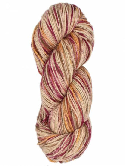 A single skein of variegated yarn with twisted strands of cream, beige, rust orange, and burgundy red, isolated on a white background.