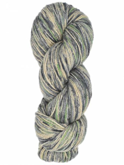A single twisted hank of variegated yarn with blended gray, beige, and light green fibers, shown against a plain white background.