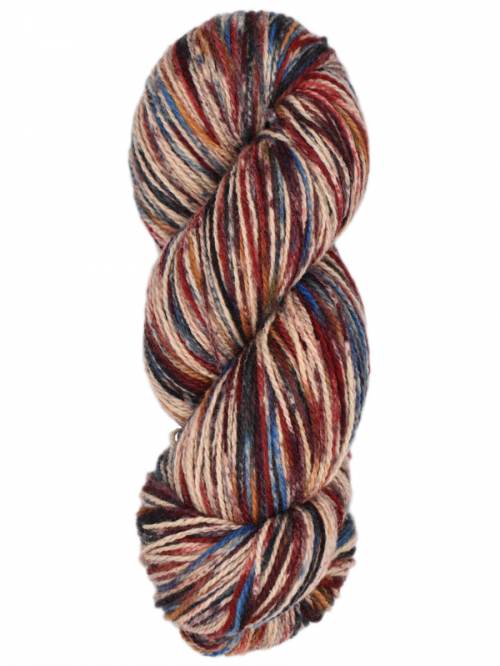 A single skein of variegated yarn with twisted plies in a heathered mix of rust red, beige, brown, cream, and blue on a solid white background.