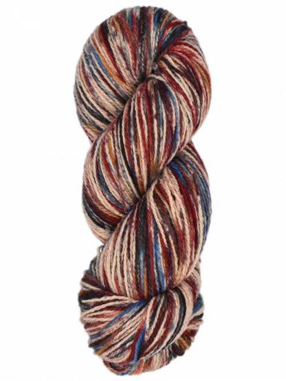 A single skein of variegated yarn with twisted plies in a heathered mix of rust red, beige, brown, cream, and blue on a solid white background.