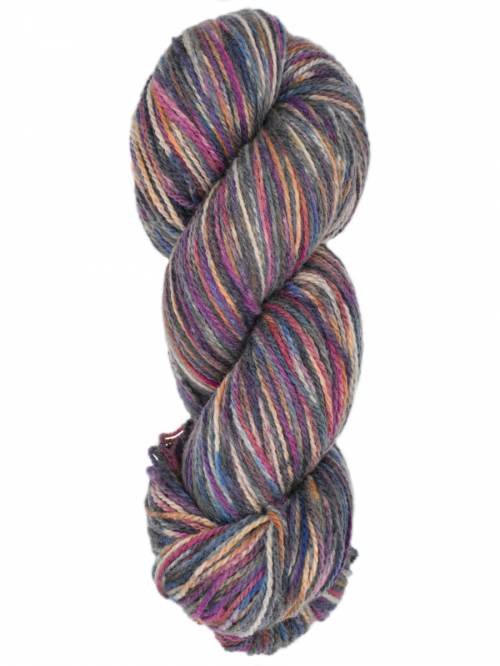 A single twisted skein of variegated yarn with blended purple, pink, blue, beige, and gray tones, isolated on a white background.