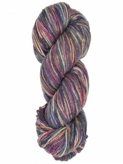 A single twisted skein of variegated yarn with blended purple, pink, blue, beige, and gray tones, isolated on a white background.