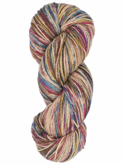 A single skein of variegated yarn with blended pastel and earthy tones including pink, blue, beige, brown, and yellow, isolated on a white background.