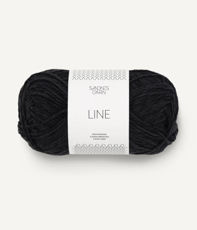 A ball of black coloured cotton/linen/viscose yarn labeled 'Line' by Sandnesgarn