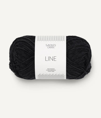 A ball of black coloured cotton/linen/viscose yarn labeled 'Line' by Sandnesgarn