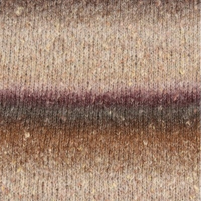 A close-up of a textured knit fabric with a horizontal color gradient transitioning from beige and brown at the top and bottom, to a muted plum-purple band in the middle.