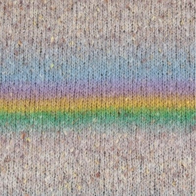 A close-up of a knit fabric texture with a horizontal rainbow stripe across the center, featuring pastel blue, purple, yellow, and green tones over a heathered beige base.
