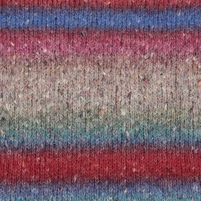 Close-up of a knitted fabric with horizontal stripes in muted red, blue, beige, and gray tones.