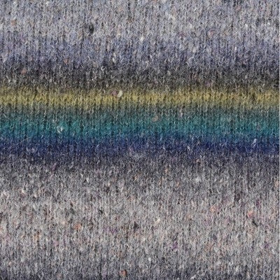 A close-up of a textured knit fabric with horizontal stripes in gray, blue, teal, and yellow.