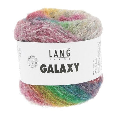 Multicolored yarn ball with 'Lang Yarns Galaxy' label on a white background
