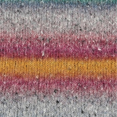 Close-up of a knit fabric texture with horizontal stripes in gray, burgundy red, and mustard yellow.