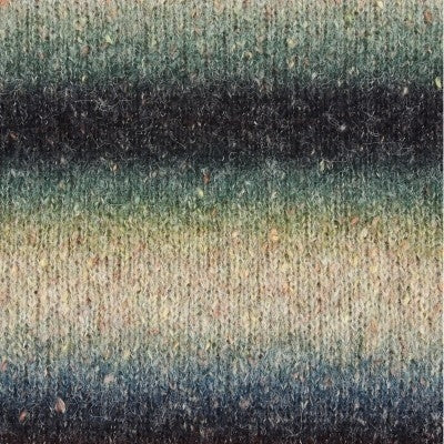 A close-up of a textured knit fabric with horizontal stripes in dark green, black, beige, and navy blue.