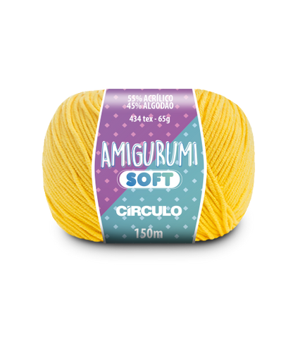 A ball of yellow acrylic and cotton blend yarn labeled 'Amigurumi (Soft)' by Circulo.