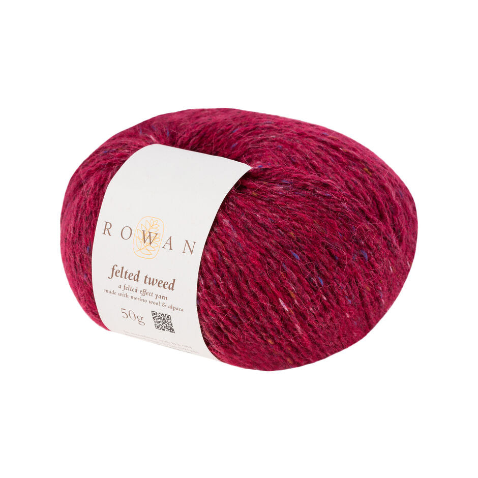 Ball of red tweed yarn with a Rowan label 