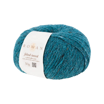 Ball of teal tweed yarn with a Rowan label 