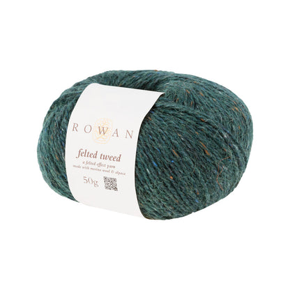 Ball of green tweed yarn with a Rowan label 