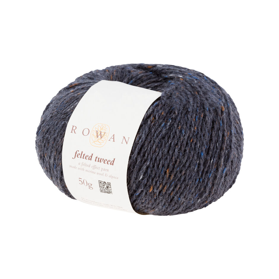 Ball of dark grey tweed yarn with a Rowan label 