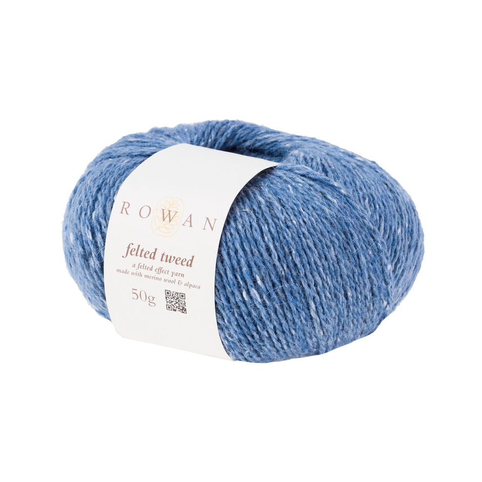 Ball of light blue tweed yarn with a Rowan label 