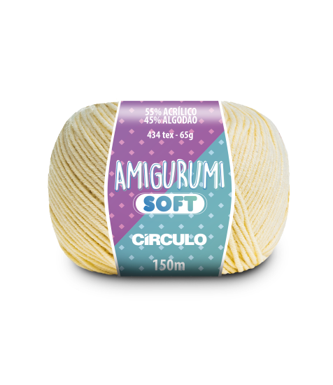 A ball of pale yellow acrylic and cotton blend yarn labeled 'Amigurumi (Soft)' by Circulo.