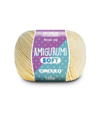 A ball of pale yellow acrylic and cotton blend yarn labeled 'Amigurumi (Soft)' by Circulo.