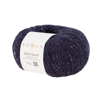 Ball of dark plum tweed yarn with a Rowan label 
