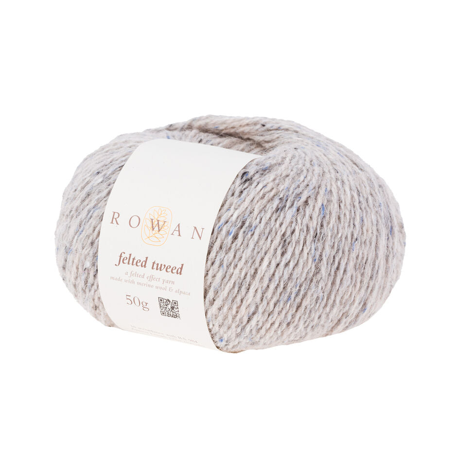 Ball of pale grey tweed yarn with a Rowan label 